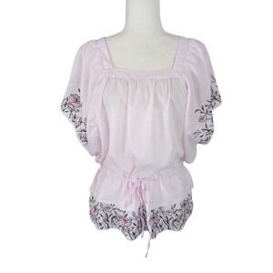 She's Pink Floral Embroidered Peasant Blouse Square Neck Drawstring‎ Waist Large